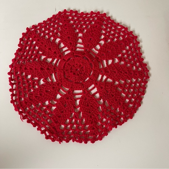 Set of 3 Red Hand Crochet Lace Doilies Table Placemats Runners Farmhouse - Picture 2 of 3